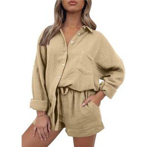 Trendy Queen 2 Piece Sets Button Down Oversized Shirts And Shorts Tracksuit